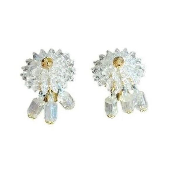 Vintage Clip On Clear Dangle Earrings Gold Accent Round - Picture 1 of 3